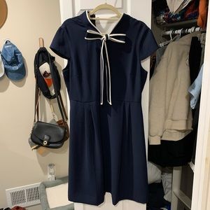 J. Crew Tie Neck Contrast Dress in Navy